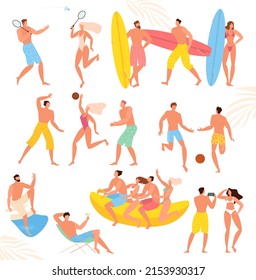 Flat design young people relaxing at the beach, poses and activities.