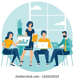 Flat design young people in shared working environment. People talking and working in the open space coworking office. Vector illustration for landing page, website, infographics and mobile app.