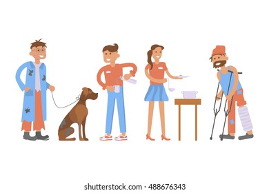 Flat design of young volunteers with homeless men and dog isolated on white background. Feed the hungry. Free support for people. Vector illustration eps 10