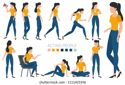 Flat design young woman character to compouse your scenes and animation. Various gestures and poses vector design element set.