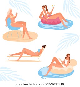 Joven mujer de diseño plano relajándose en la playa, poses y actividades. Mujeres solárium, sentadas, paradas, caminar, juegos bezch mar océano, vacaciones de verano relax, concepto de vector plano