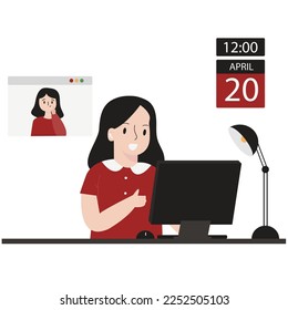 Flat Design Young Woman Using Computer And Discussion About Deadline Illustration