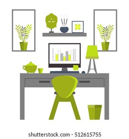 Flat design of Zen home office layout. Relaxing work environment.