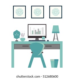 Diseño plano de la disposición de la oficina residencial Zen. Entorno laboral relajante.