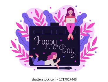 flat design_vector illustration_graphic tablet_happy day