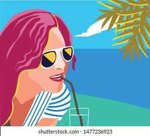 flat design_young women enjoying drinks by the beach