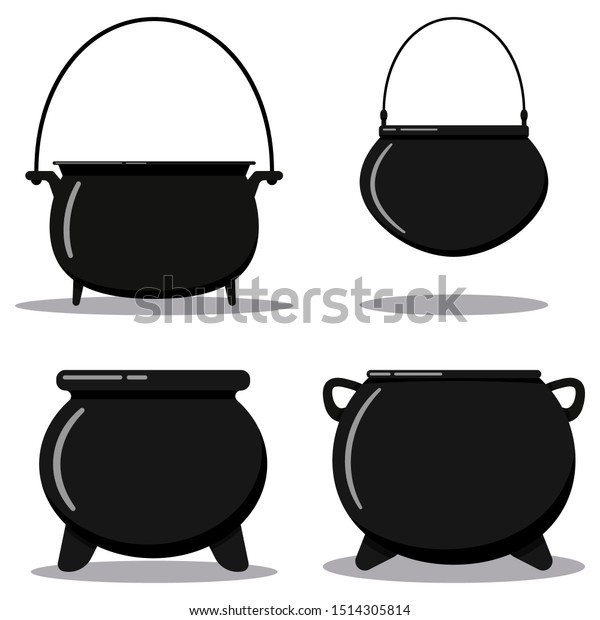Flat designcartoon style\
illustration vector set black cast-iron empty cooking pot, camping\
boiler, iron witches cauldron with handle isolated on white\
background. 
