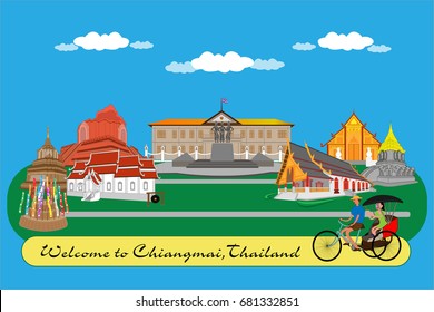 Flat design,Chiangmai Thailand icons and landmarks.