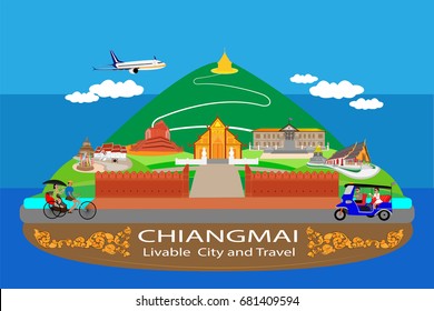 Flat design,Chiangmai Thailand icons and landmarks.