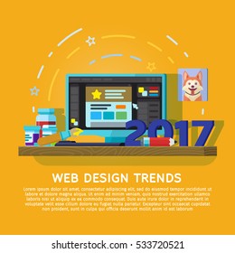 Flat Designed Banner For Ui Design And Web Design. Trends In Graphic Design In 2017. Workspace Designer. Monitor With A Graphical Editor. Paints, Brush, Pen Tablet And The Camera On The Table.