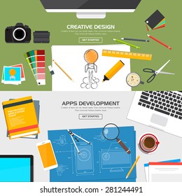 Flat Designed Banners Concept of Creative Design and Apps Development. Icons Collection of Creative Work Flow Items and Elements. Vector