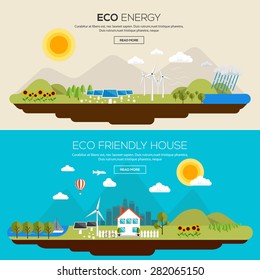 Flat Designed Banners Concept Of  Eco Energy An Eco Friendly House. Icons Collection Of Creative Work Flow Items And Elements. Vector