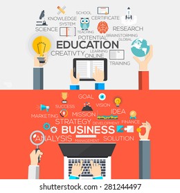 Flat Designed Banners Concept of Education and business. Icons Collection of Creative Work Flow Items and Elements. Vector