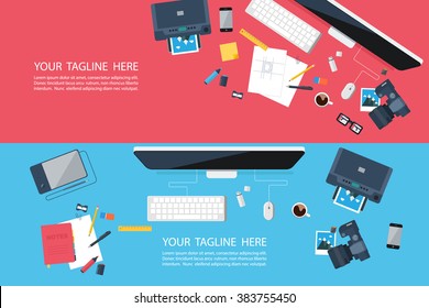 Flat designed banners for creative project, graphic design development, design agency, business. Top view of desk background. 