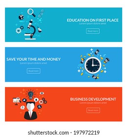 Flat designed banners for education on first place,save your time and money and business development. Vector