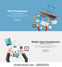Flach gestaltete Banner für Webentwicklung und mobile Apps-Entwicklung. Vektorgrafik