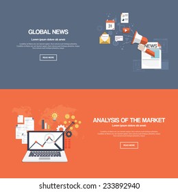 Flat designed banners for global news and analysis of the market. Vector