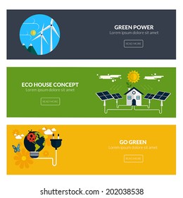 Flat designed banners for green power, eco house concept and go green. Vector