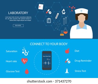 Flat designed banners for Health Services and Laboratory concept. Laboratory research with microscope equipment, molecule structure.Medical apps for smart phone.Mobile Medical Applications