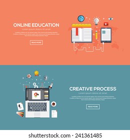 Flat designed banners for online education and creative process. Vector