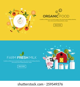 Flat Designed Banners For Organic Food And Farm Fresh Milk. Vector