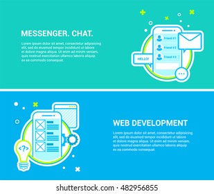 Flat designed banners for programming and web development. Mobile application development. Vector creative illustration of mobile messenger. Flat line art style design. Online communication.
