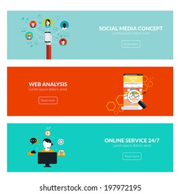 Flat designed banners for social media concept, web analysis and online services. Vector