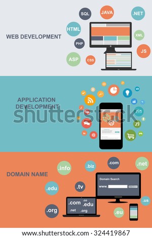 Flat designed banners for web development, domain name and application developmennt