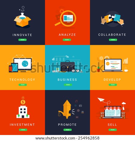 Flat Designed Business  Concepts for Innovation. Analyze. Collaborate.Technology. Business. Development. Investment. Promotion.Selling