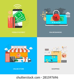 Flat Designed Concepts of Mobile payment, Online banking, Online store and Shopping. Icons Collection of Creative Work Flow Items and Elements. Vector