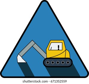 Flat designed excavator icon on colored triangular background with shadow