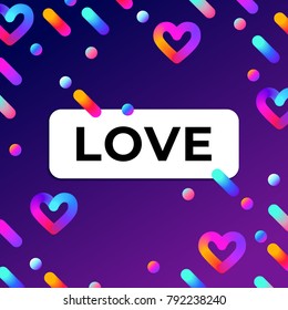 Flat designed illustration with dynamic objects. Colorful neon blend shapes on ultra violet background. Vector pattern with lettering love.