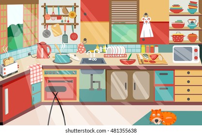 Flat designed Kitchen in warm morning atmosphere with sunlight shining from the window, interior design, illustration, vector