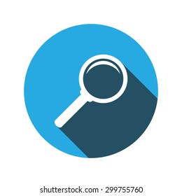 Flat designed magnifier icon with shadow on blue background