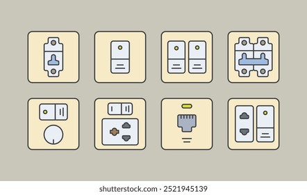 Flacher, minimalistischer elektrischer Schalter, Platine, Schaltung, Steckdose und Regler 