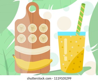 Flat designed smoothie with banana on a wooden cutting board