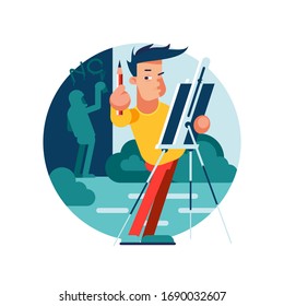 Joven personaje artista de diseño plano en el trabajo. Ilustración vectorial de moda aislada en fondo blanco.