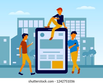 Flat designed young people man and woman using technology gadget smartphone mobile phone tablet pc laptop computer in social network communication concept on city town background cartoon style. Vector