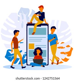 Flat designed young people man and woman using technology gadget smartphone mobile phone tablet pc laptop computer in social network communication concept on tropic leaves abstract background. Vector