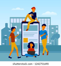 Flat designed young people man and woman using technology gadget smartphone mobile phone tablet pc laptop computer in social network communication concept on city town background cartoon style. Vector