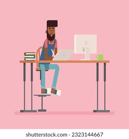 Flat Designer Character working on computer and tablet drinking coffee 