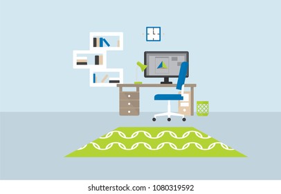 Flat designer workplace concept with table chair desktop computer shelves clock trash and carpet vector illustration