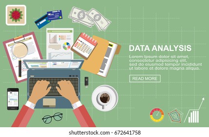 Flat design.Financial management audit,accountant Include invoicing, financial calculations, profit counting, income tax, statistics, data analysis, reporting planning. Vector illustration. 