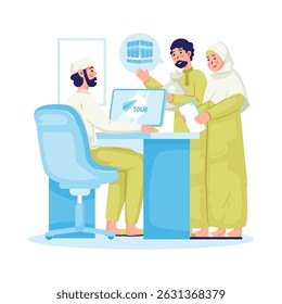 Flat designof a Muslim family registering for Hajj at travel agency, Vector illustration
