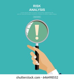 Flat design.Risk analysis background with magnifying glass and exclamation mark on the blue background. Vector illustration.
