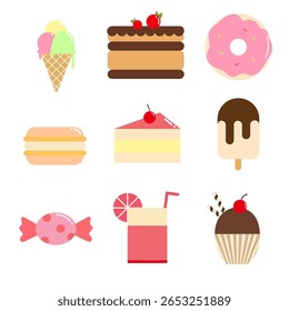 Flat designs Sweet Desserts set of 9 stock illustrations