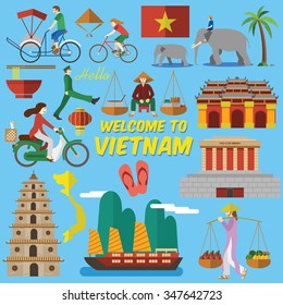 Flat design,Vietnamese landmarks and Icons such as Ho Chi Mihn Mausoleum, Heavenly Lady Pagoda, Imperial City and  lifestyle of Vietnamese people