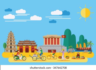 Flat design,Vietnamese landmarks such as Ho Chi Mihn Mausoleum, Heavenly Lady Pagoda, Imperial City and  lifestyle of Vietnamese people