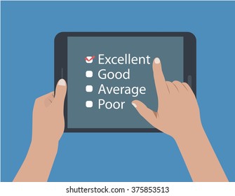 flat desing of  hands holding a tablet and touching and doing a feedback, vote, review and rate. the illustration can be used in many topic like requesting the opinion of customers about some services