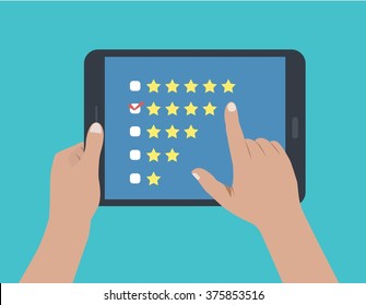 flat desing of  hands holding a tablet and touching and doing a feedback, vote, review and rate. the illustration can be used in many topic like requesting the opinion of customers about some services